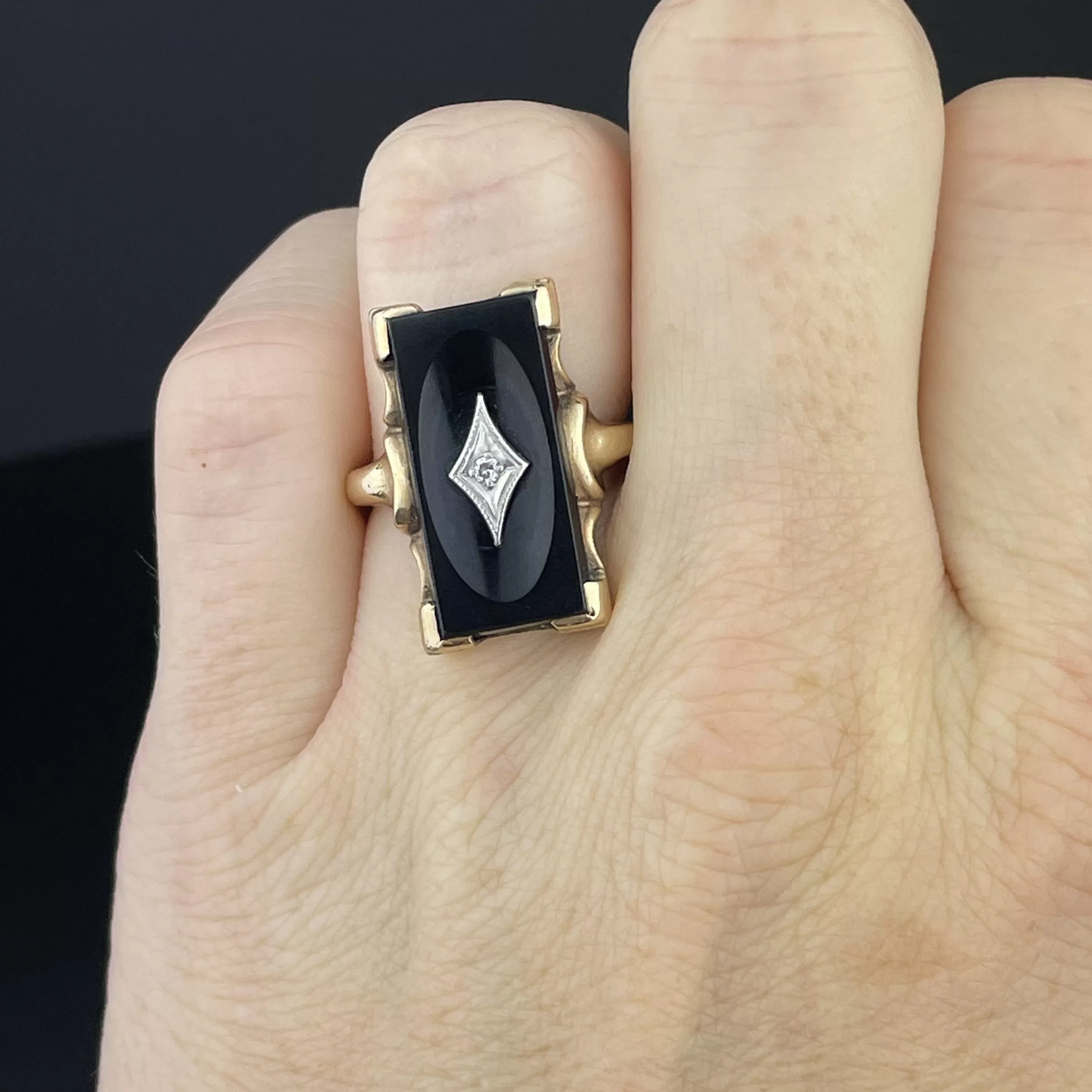 Vintage Art Deco Diamond Black Onyx Ring, Sz 5.5