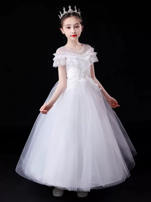 White Illusion Neckline Short Sleeves Tulle Princess Dress Flowers Beaded Embellishment  Kids Party Dresses