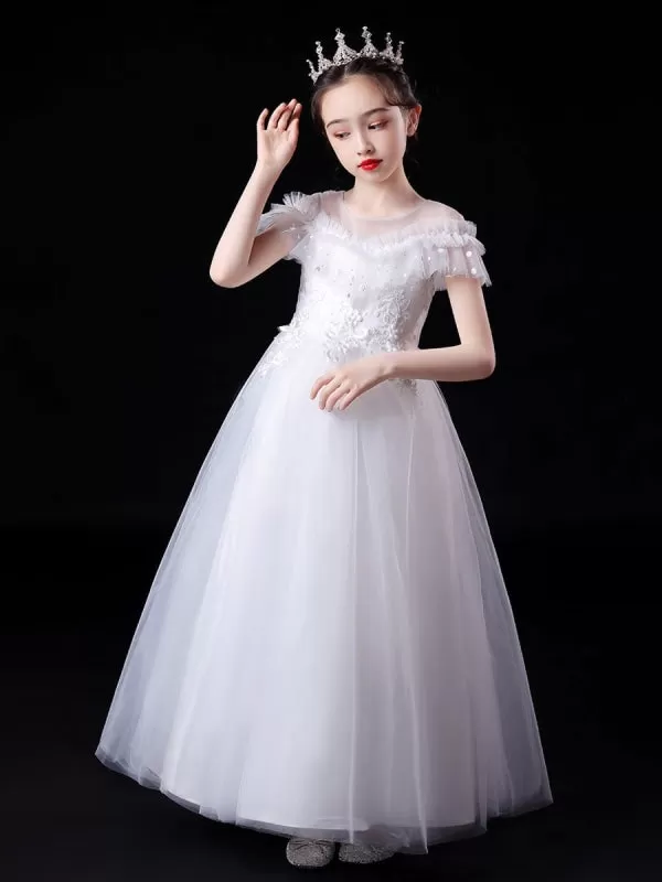 White Illusion Neckline Short Sleeves Tulle Princess Dress Flowers Beaded Embellishment  Kids Party Dresses