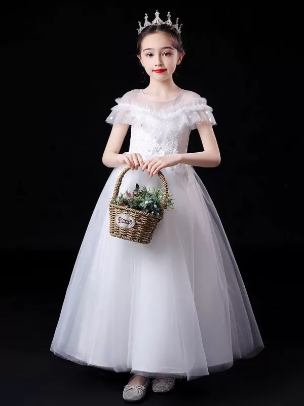 White Illusion Neckline Short Sleeves Tulle Princess Dress Flowers Beaded Embellishment  Kids Party Dresses