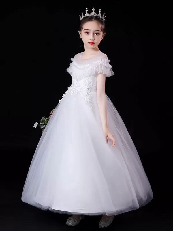 White Illusion Neckline Short Sleeves Tulle Princess Dress Flowers Beaded Embellishment  Kids Party Dresses