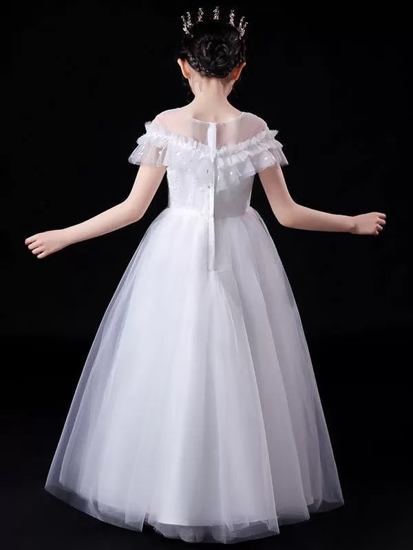 White Illusion Neckline Short Sleeves Tulle Princess Dress Flowers Beaded Embellishment  Kids Party Dresses