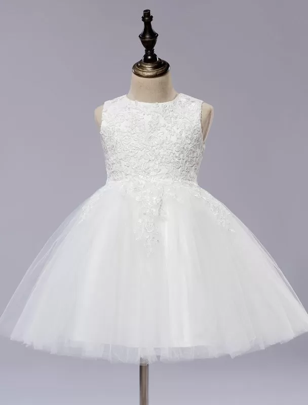 White Sleeveless Ball Gown Flower Girls Dress Short Kids Princess Dress