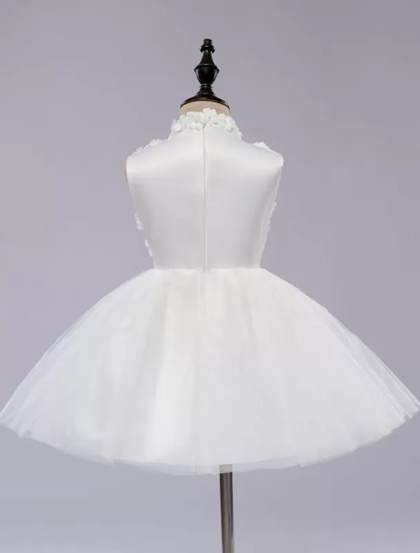 White Toddler'S Pageant Tutu Dress With Lace Flower Appliques