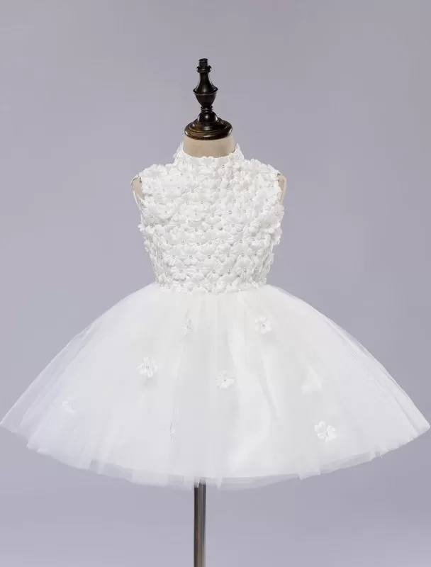 White Toddler'S Pageant Tutu Dress With Lace Flower Appliques