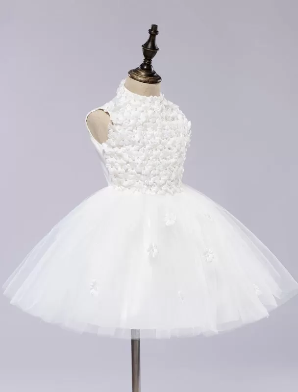 White Toddler'S Pageant Tutu Dress With Lace Flower Appliques