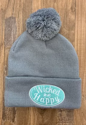 Wicked Happy - Grey Pom Pom Beanie With Aqua Logo