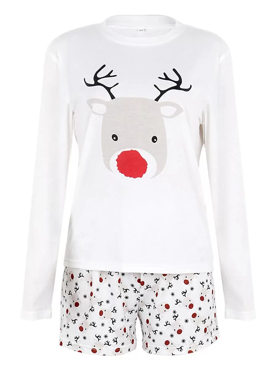 Women's White Festive Elk and Snowflake Christmas Pajama Ensemble