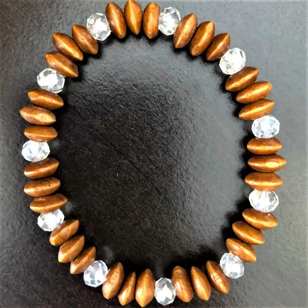 Wood and Crystal Rondelle Beaded Bracelet