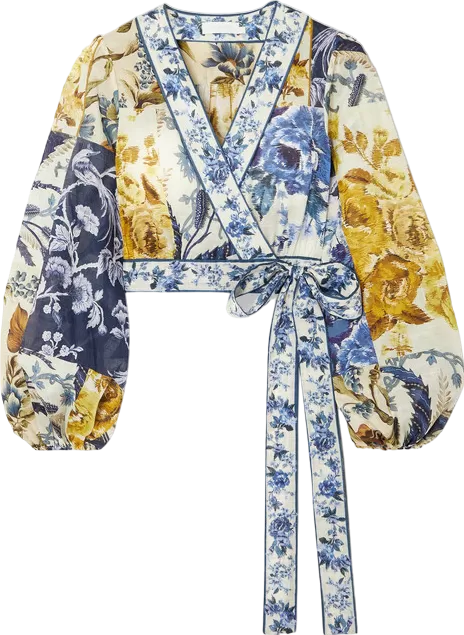 Zimmermann Aliane Cropped Floral-print Cotton-gauze Wrap Blouse - Blue Sz0p UK 4